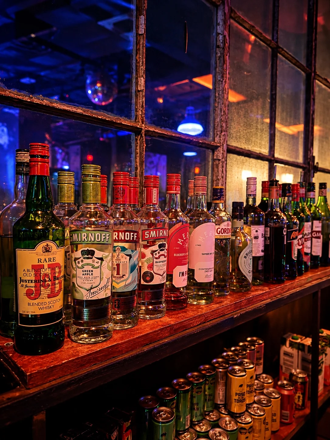 Selección de vinos y bebidas en la barra