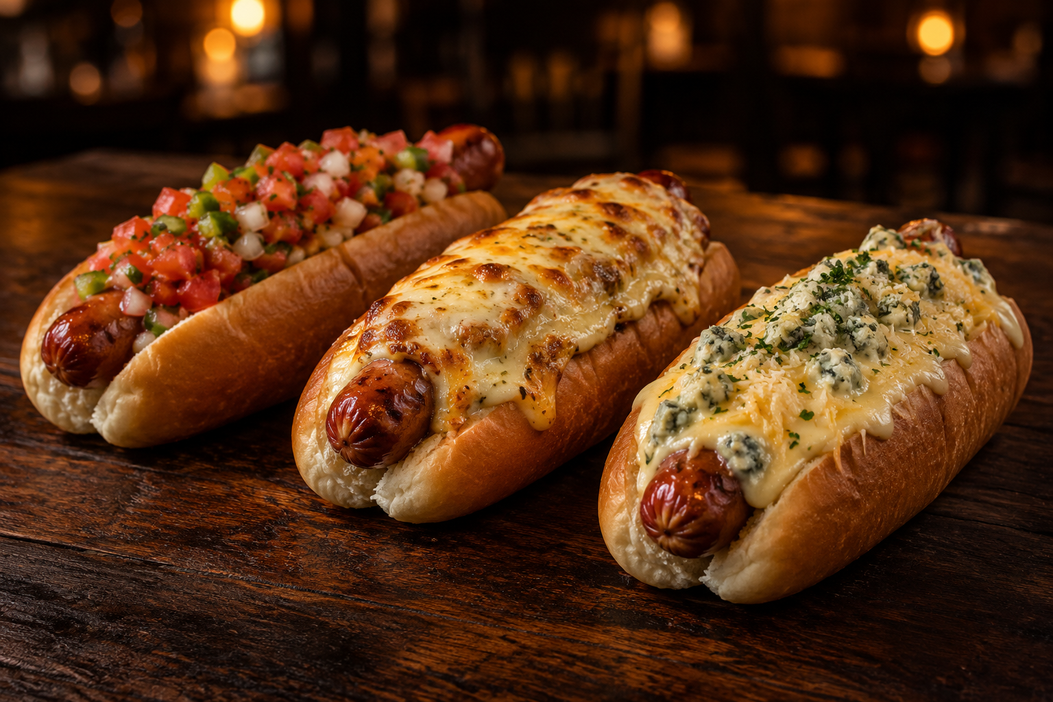 Tres súper panchos con distintas salsas